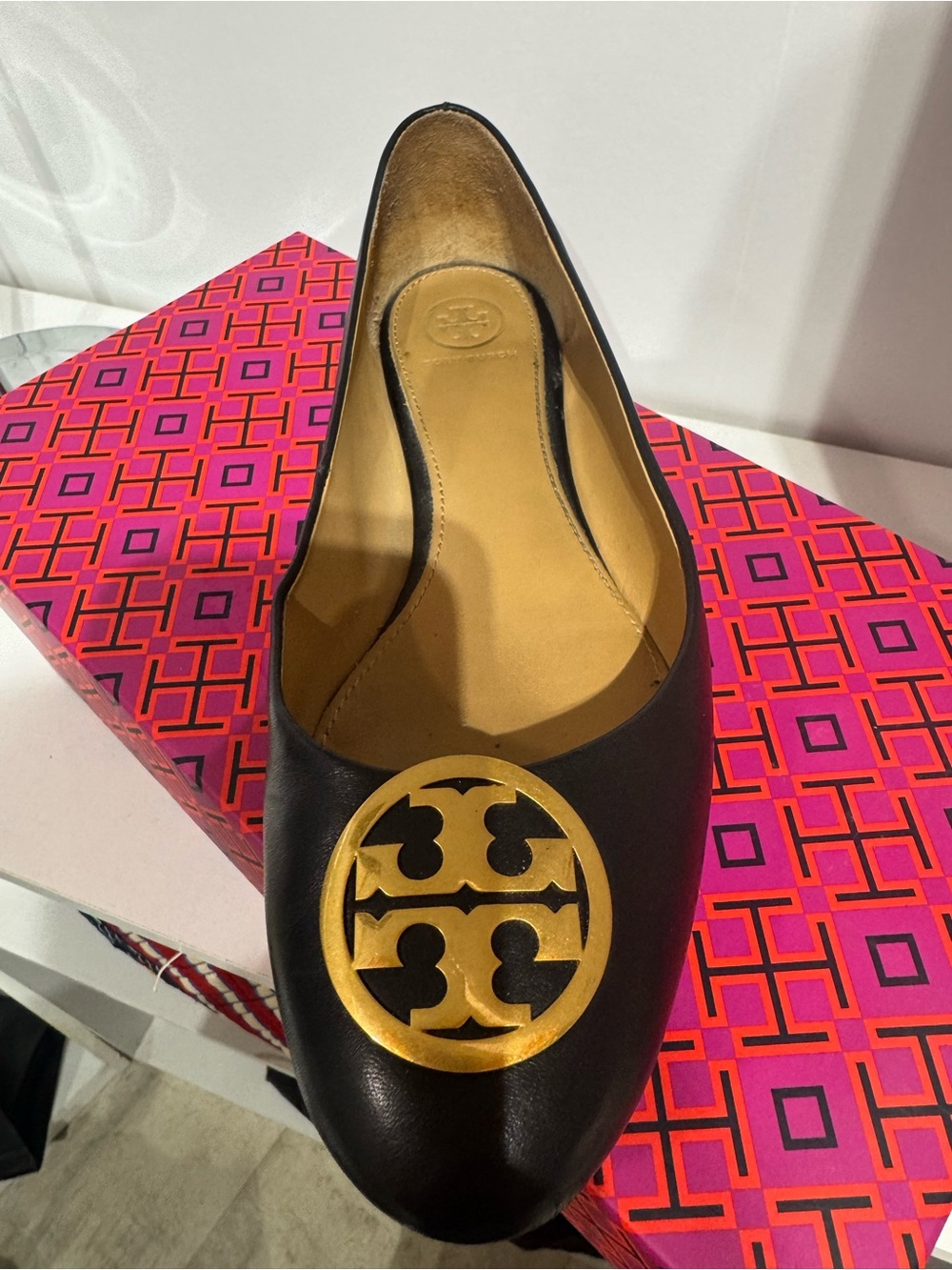 Tory Burch Black Leather Ballet Flat with Gold Logo Medallion